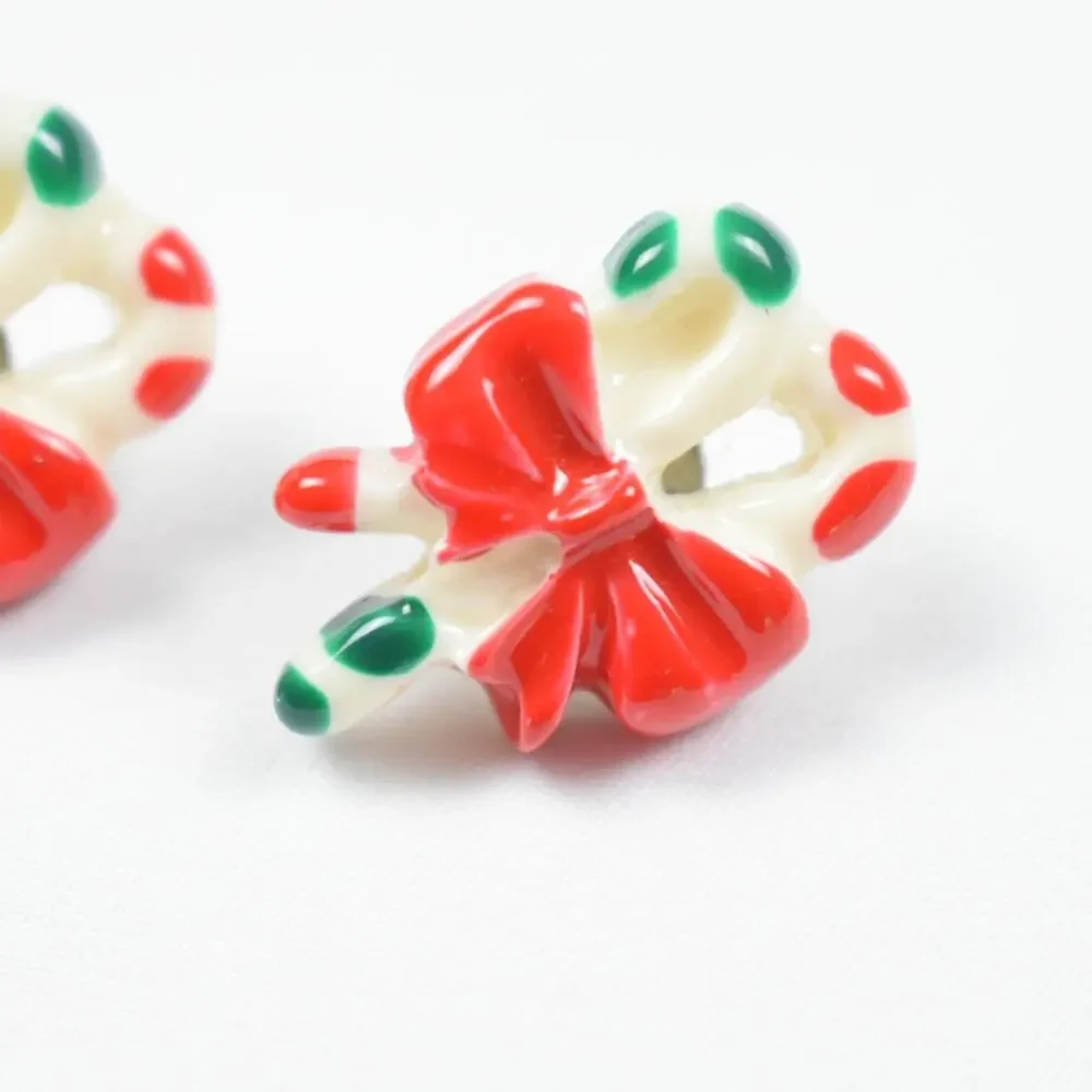 Vintage Christmas Candy Cane Earrings Retro Kitsch Holiday Bow Studs Acrylic